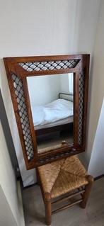 Spiegel - 90 x 60 (67 x 37) - bruin hout en vlechtwerk, Ophalen, Zo goed als nieuw, Minder dan 100 cm, Rechthoekig