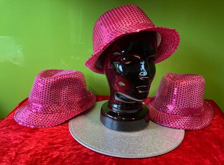 Set van 3 roze glitterhoedjes + zwart kunsthoofd, Hobby en Vrije tijd, Feestartikelen, Nieuw, Hoed of Pruik, Overige, Ophalen of Verzenden