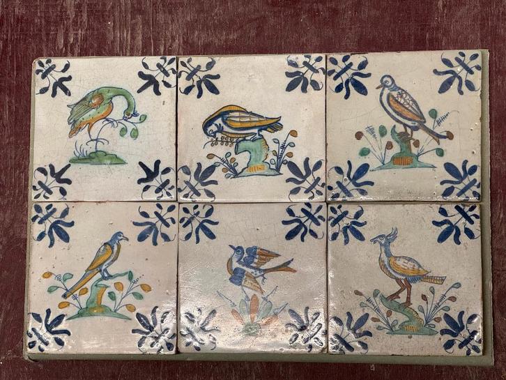 6 stuks gekleurde vogels 17e eeuws antieke wandtegels, Antiek en Kunst, Antiek | Wandborden en Tegels, Ophalen