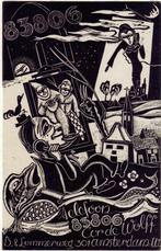 Cor de Wolff houtgravure "Telefoon 83806", 1947, gelopen, Verzamelen, Geboortekaartjes en Visitekaartjes, Ophalen, Voor 1970, Visitekaartje