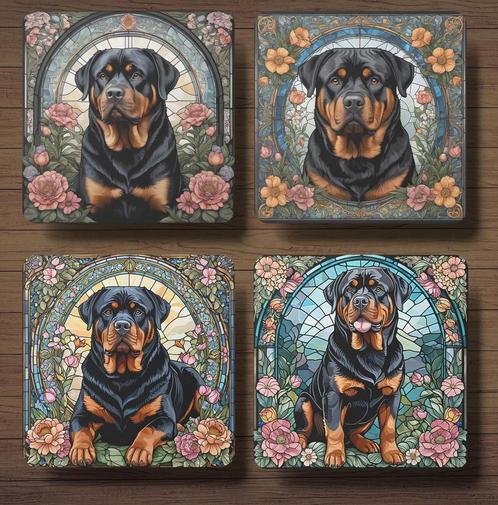 Rottweiler Glas in Lood onderzetters met houder, Huis en Inrichting, Woonaccessoires | Onderzetters, Nieuw, Glas of Kopje, Ophalen of Verzenden