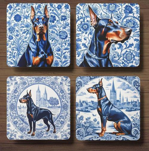 Dobermann Delfts Blauw onderzetters met houder, Huis en Inrichting, Woonaccessoires | Onderzetters, Nieuw, Glas of Kopje, Ophalen of Verzenden