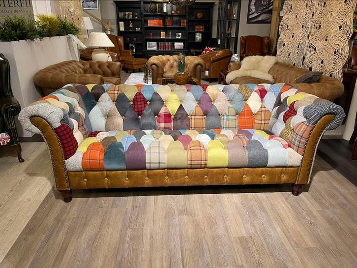 Multicolor chesterfield bank Patchwork Stof Harris Tweed, Huis en Inrichting, Banken | Bankstellen, Nieuw, 75 tot 100 cm, Stof
