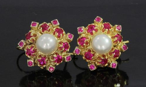Robijn met parel fraai luxe gouden set dames oorbellen, Sieraden, Tassen en Uiterlijk, Oorbellen, Zo goed als nieuw, Knopjes of Stekers