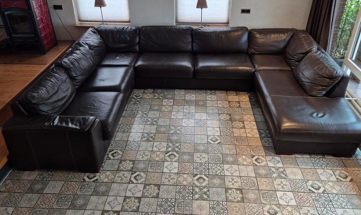 Donkerbruin leren bankstel, Huis en Inrichting, Banken | Complete zithoeken, Gebruikt, Leer, Ophalen