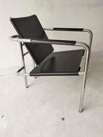 Industriële zwart lederen fauteuil, Huis en Inrichting, Fauteuils, Ophalen, Minder dan 75 cm, Zo goed als nieuw, Metaal