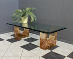 70 jaren ZELDZAAM DESIGN glazen salon tafel amber hars poot, Huis en Inrichting, Tafels | Salontafels, Ophalen, Gebruikt, 50 tot 100 cm