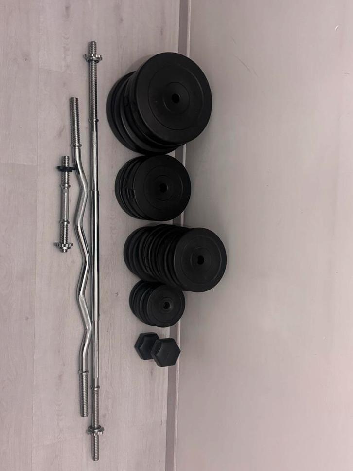 Halterschijven + Krul / Dumbell Stang set, Sport en Fitness, Fitnessmaterialen, Gebruikt, Overige typen, Armen, Ophalen