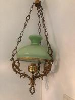 Prachtig olie hanglamp is elektrische messing groen glaskap, Glas, Olie lamp, Ophalen of Verzenden, Zo goed als nieuw