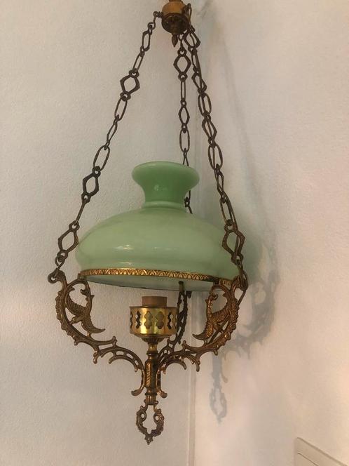 Prachtig olie hanglamp is elektrische messing groen glaskap, Huis en Inrichting, Lampen | Hanglampen, Zo goed als nieuw, 75 cm of meer
