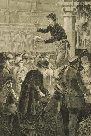 Pluimveemarkt - Antieke illustratie (1878) beschikbaar voor biedingen