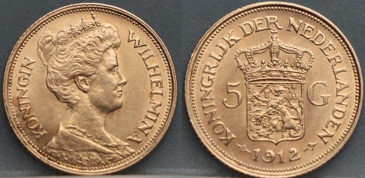 Mooi gouden vijfje 1912 - 5 gulden 1912 Wilhelmina, Postzegels en Munten, Munten | Nederland, Euro's, Koningin Beatrix, Goud, Verzenden