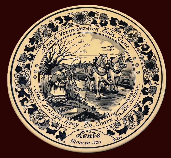 Oud wandbord royal goedewagen blue delft lente rinia en jan, Antiek en Kunst, Antiek | Wandborden en Tegels, Ophalen