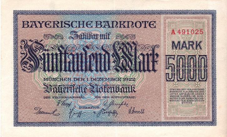 BAYERISCHE  BANKNOTE  5000 MARK  1922 Prachtig, Postzegels en Munten, Bankbiljetten | Europa | Niet-Eurobiljetten, Duitsland, Verzenden