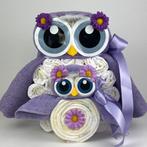 Luiertaart uil luieruil meisje lavendel paars, Ophalen of Verzenden, Nieuw, Kraamcadeau