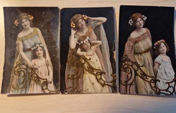 3 x Vrouw & Meisje, goudaccenten, niet gelopen, ca. 1910 beschikbaar voor biedingen