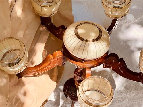 Hanglamp vintage kroonluchter, Huis en Inrichting, Lampen | Hanglampen, Gebruikt, Minder dan 50 cm, Glas, Hout, Ophalen of Verzenden