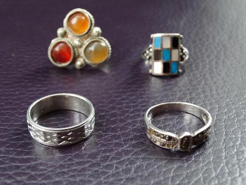 4 zilveren ringen, met parelmoer, halfedelstenen, Sieraden, Tassen en Uiterlijk, Ringen, Gebruikt, Zilver, Zilver, Met edelsteen
