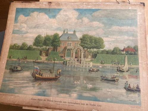 2 oude schoolplaten Aan de Vecht, Antiek en Kunst, Antiek | Schoolplaten, Geschiedenis, Ophalen
