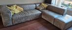 Leren Hoekbank Grijsgroen + Poef, Ophalen, 250 tot 300 cm, Gebruikt, Hoekbank