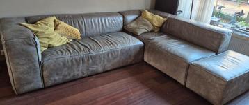 Leren Hoekbank Grijsgroen + Poef