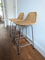 Vintage rattan barstools rotan barkrukken Rohe Noordwolde, Metaal, Gebruikt, Met voetsteun, 60 tot 90 cm