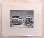Zeldzame litho Frösö Kyrka Zweden in de sneeuw, Ophalen of Verzenden