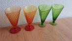 4 vintage glazen ijscoupes. Kleuren oranje en groen, Glas, Overige stijlen, Glas of Glazen, Ophalen of Verzenden