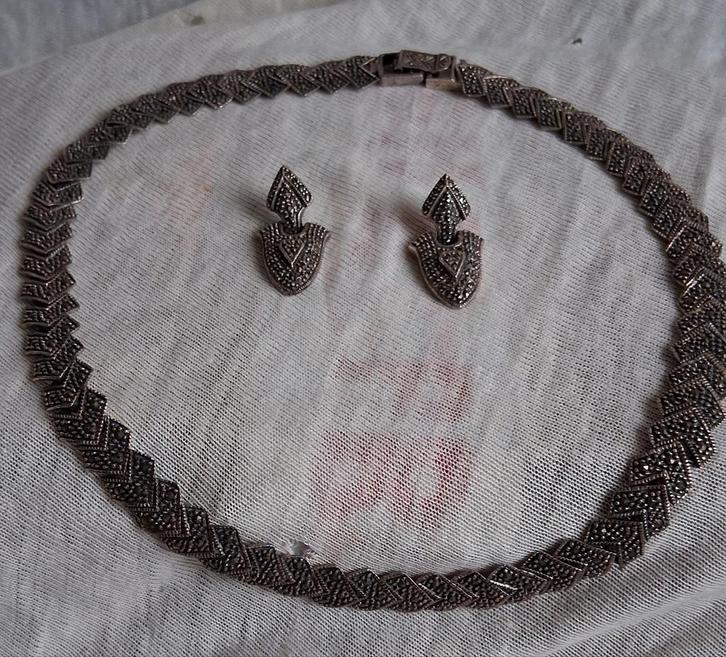 Zilveren Collier met Markasiet & Oorstekers, Sieraden, Tassen en Uiterlijk, Kettingen, Ophalen of Verzenden