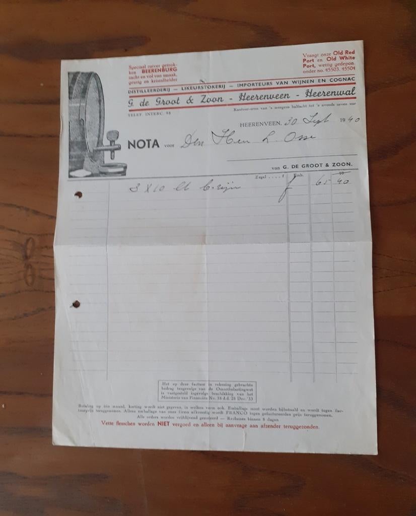 Heerenveen distilleerderij de Groot factuur 1940, Verzamelen, Ophalen of Verzenden, Zo goed als nieuw, Overige typen