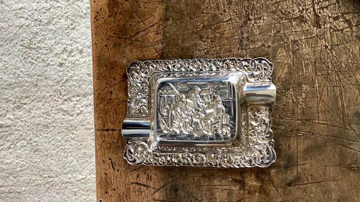 Vintage Verzilverde Asbak met Oud Hollands Tafereel, Verzamelen, Rookartikelen, Aanstekers en Luciferdoosjes, Ophalen of Verzenden