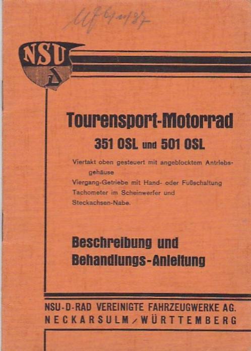 NSU 351 OSL 501 OS 1937 handbuch handboek instruktieboek, Motoren, Handleidingen en Instructieboekjes, Overige merken, Ophalen of Verzenden