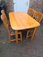 Lichteiken tafel met eiken leren stoelen, Ophalen of Verzenden, Gebruikt, Landelijk, 4 tot 6 stoelen