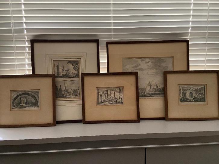 Abcoude, 5 gravures in originele lijsten met passe partout, Antiek en Kunst, Kunst | Etsen en Gravures, Ophalen of Verzenden