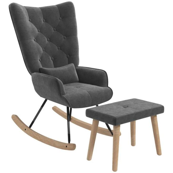 Grijze Schommelstoel met Voetenbank - Nieuwstaat!, Huis en Inrichting, Stoelen, Nieuw, Eén, Hout, Metaal, Stof, Grijs, Ophalen of Verzenden