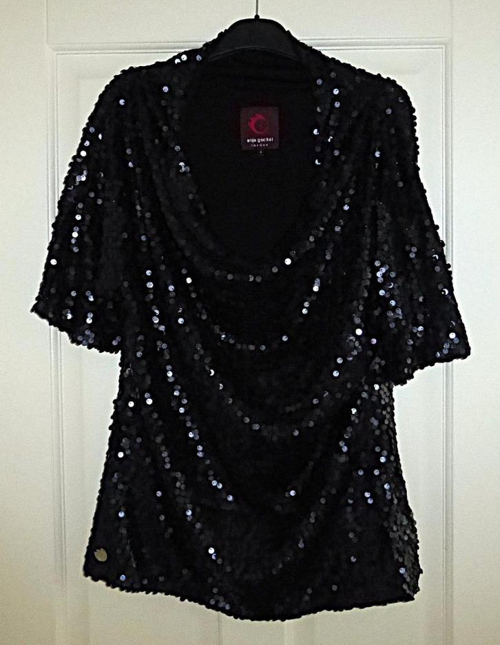 Anja Gockel opvallende pailletten top feestelijk mt L 47714, Kleding | Dames, Tops, Zo goed als nieuw, Maat 42/44 (L), Zwart, Korte mouw
