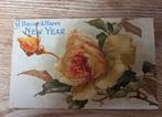 Antieke kerstkaart - Gele roos met glitters, Verzenden, Voor 1920, Ongelopen, Feest(dag)