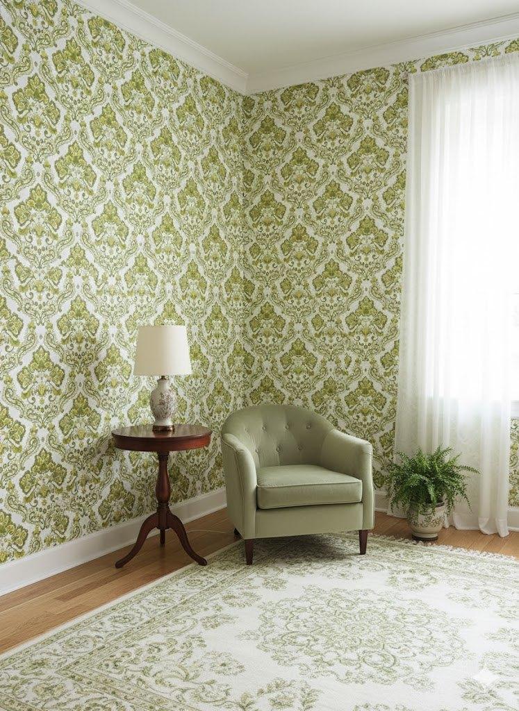 14218 groen barok behang met creme achtergrond swiet, Verzenden, 75 m² of meer, Groen