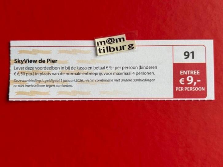 Bon 91 SkyView de Pier entree €9,- p.p., Tickets en Kaartjes, Kortingen en Cadeaubonnen, Drie personen of meer, Overige typen