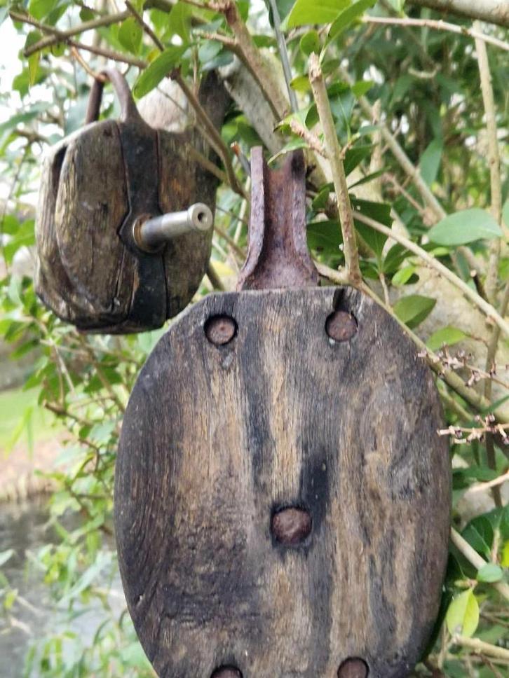 Grote+kleinere vintage houten (19e eeuw) katrollen(brocante), Antiek en Kunst, Curiosa en Brocante, Ophalen of Verzenden