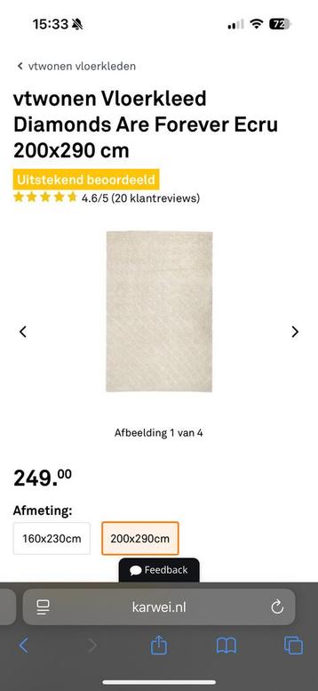 Nieuw vloerkleed 75,- (nieuwprijs 249,-)  290x200 cm beschikbaar voor biedingen