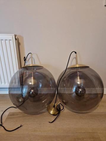 Hanglamp messing met smoke glass 40 cm set van 2