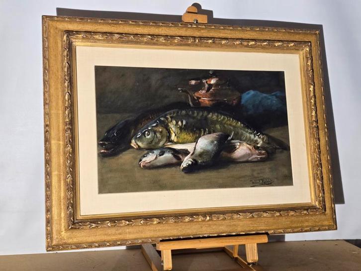 Willem E. Roelofs - Stilleven met vis, Antiek en Kunst, Kunst | Schilderijen | Klassiek, Ophalen of Verzenden