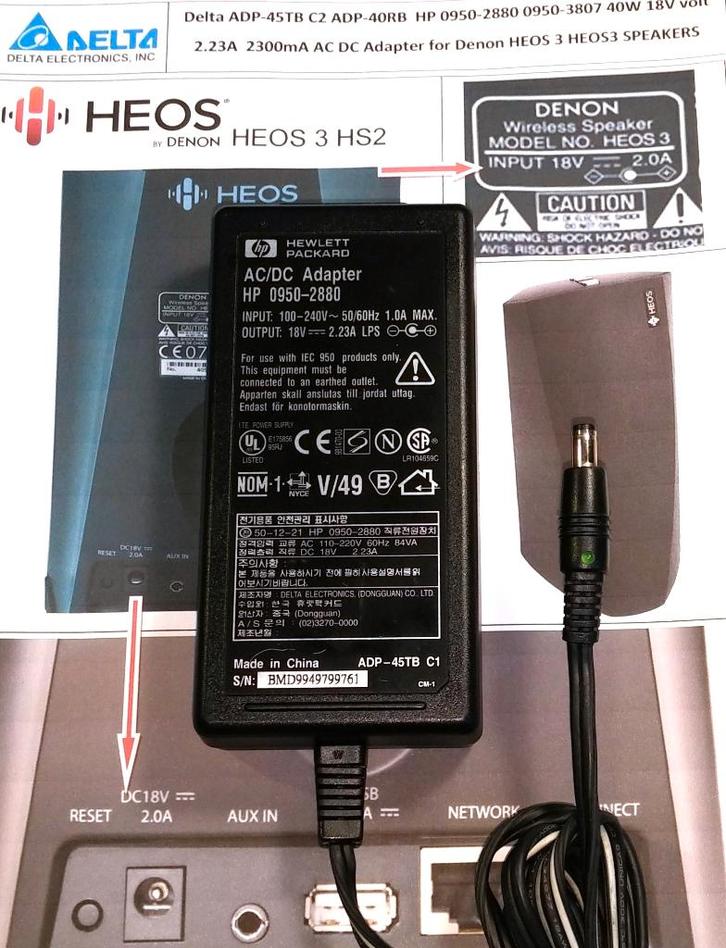 Delta ADP-45TB ADP-40RB 18V 2A Denon HEOS 3 Power Adapter, Audio, Tv en Foto, Opladers, Zo goed als nieuw, Ophalen of Verzenden