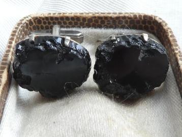 Manchetknopen met zwarte steen  -   vintage