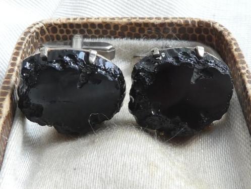 Manchetknopen met zwarte steen  -   vintage, Sieraden, Tassen en Uiterlijk, Manchetknopen, Overige materialen, Verzenden