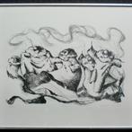 Ingelijste Lithografie van potlood tekening - FEEST, 40x50cm, Ophalen of Verzenden