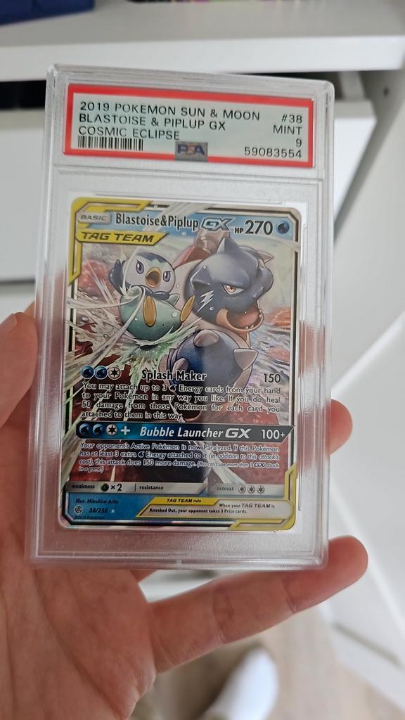 Blastoise & Piplup GX PSA 9 - #38 - Cosmic Eclipse, Verzamelen, Speelgoed, Ophalen of Verzenden