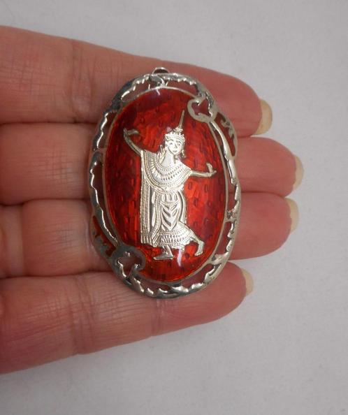 Zilveren antieke broche / hanger met emaillen nr.1037, Sieraden, Tassen en Uiterlijk, Antieke sieraden, Broche, Zilver, Verzenden