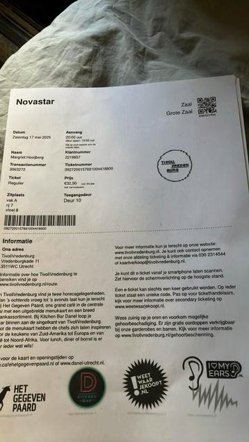 3 kaartjes Novastar Vredenburg zaterdag as beschikbaar voor biedingen